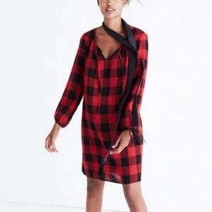 Madewell Women Dress Red Black Buffalo Check Plaid Mini Long Sleeve Tie Small